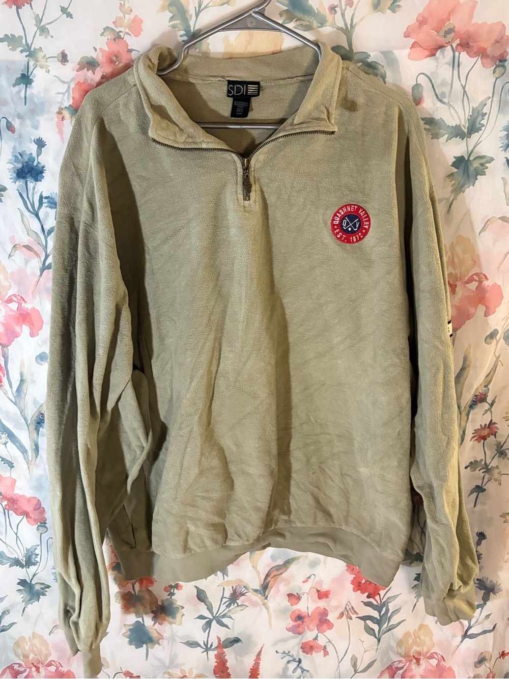 Men's Cream Quarter-Zip Fleece Pullover with Chest Patch